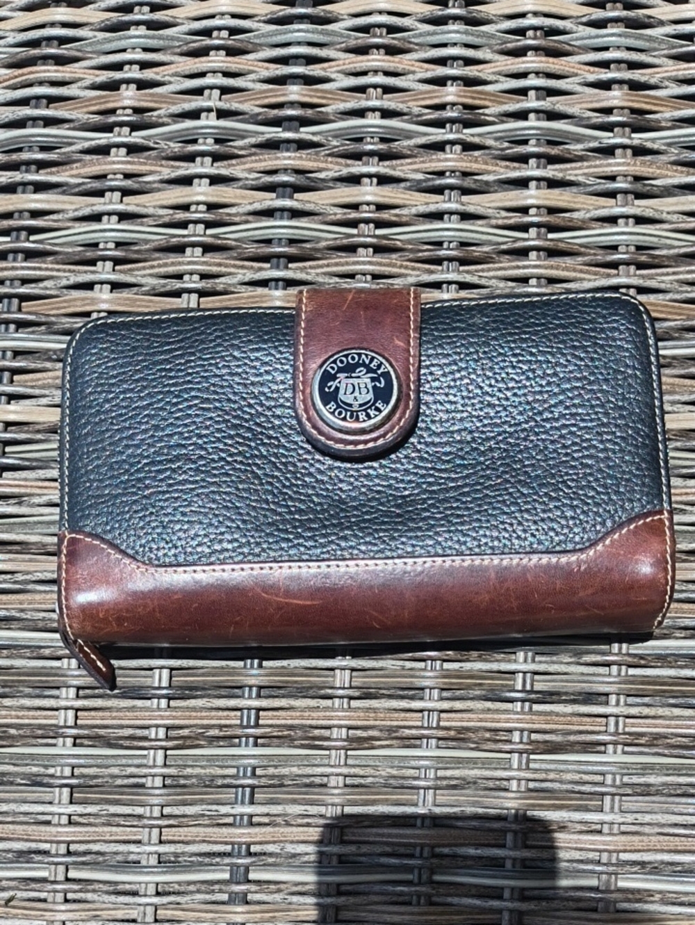 Dooney & Bourke Black and Brown Pebbled Leather Zip Wallet with Logo Snap